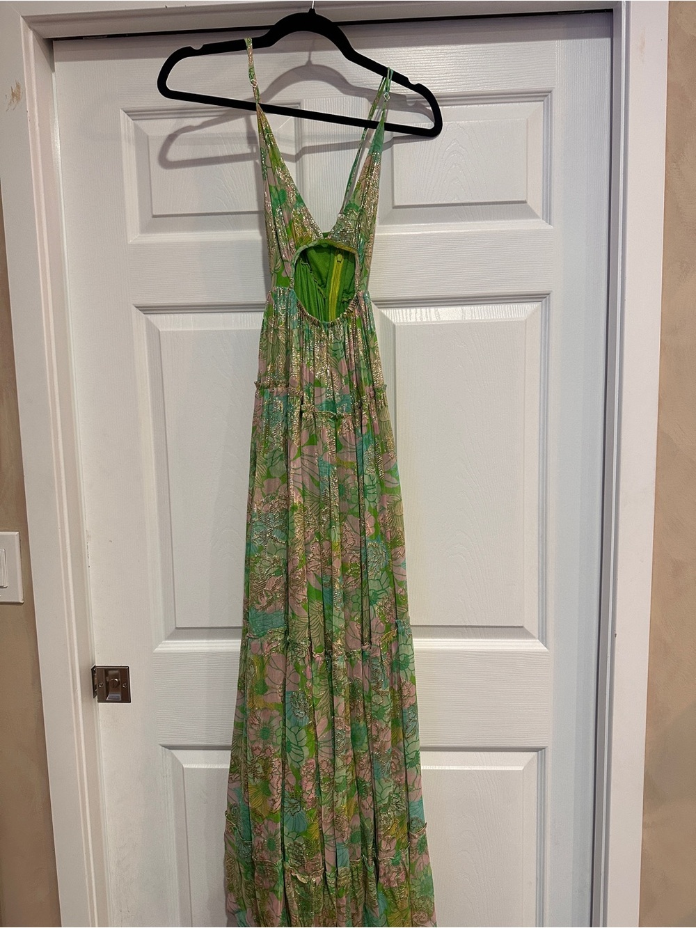 HEMANT & NANDITA Green and Pink Floral Cutout Maxi Dress